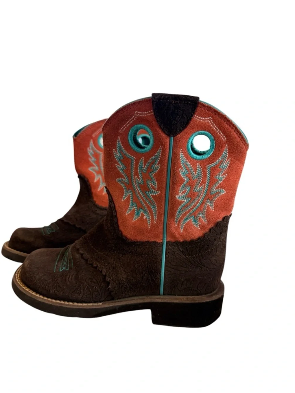 Ariat Kids Cowboy Boots Brown Leather Turquoise Embroidered Western 4LR Youth